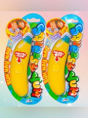 2x NEW Ja-Ru Squeesh Yum Buh Nay Nay Yellow Banana Stretchy Squishy Sensory Toys